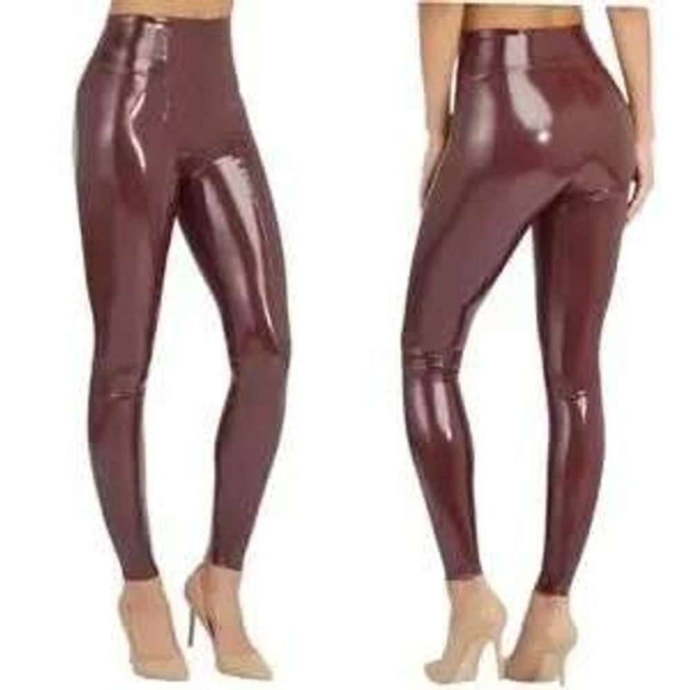 Spanx Faux Leather Leggings Burgundy High Rise Sculpting Shaping‎ Pants M NWT